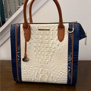 Brahmin Navy and Cream Croc-Embossed Satchel